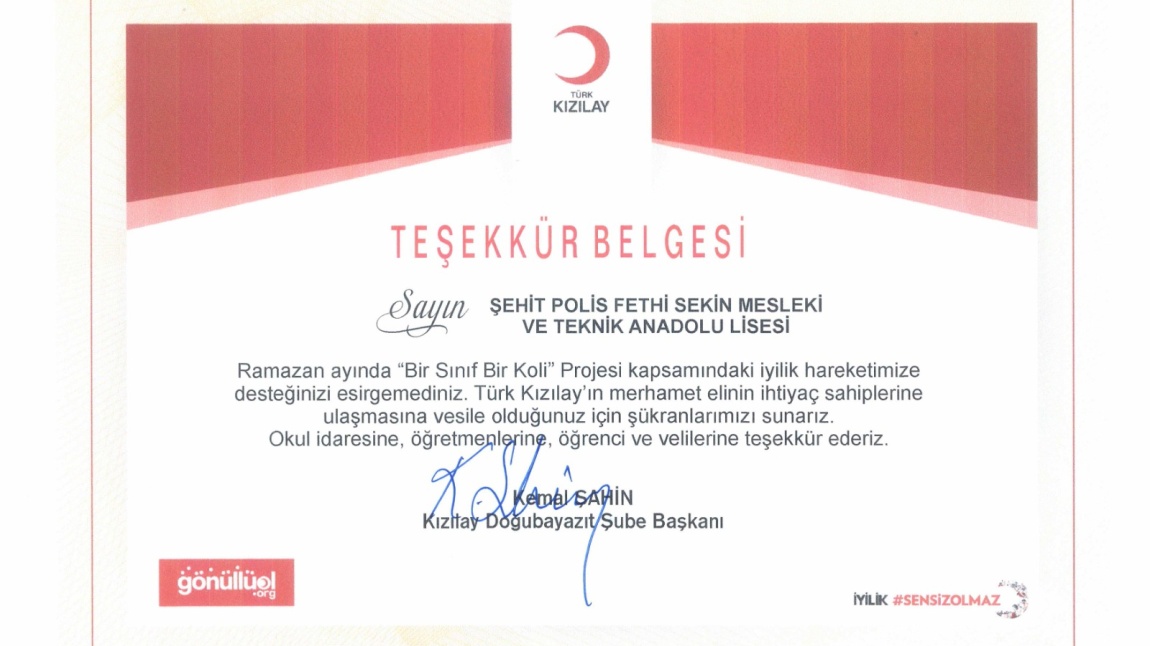 Türk Kızılay'ından Okulumuza Teşekkür Belgesi